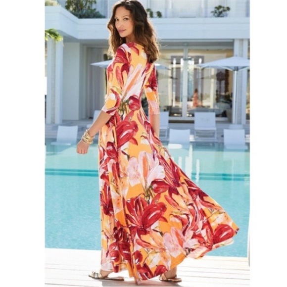 Soft Surroundings Elia Maxi Dress 3/4 Sleeve Floral Stretch - Picture 2 of 8